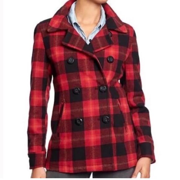 New Old Navy Red & Black Buffalo Plaid Wool Coat Small Petite - Picture 1 of 8